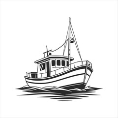 Silhouette of a vintage luxury Yacht, ship, fishing boat, black and white, white background, isolated on a vector illustration