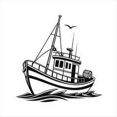 Silhouette of a vintage luxury Yacht, ship, fishing boat, black and white, white background, isolated on a vector illustration