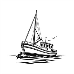 Silhouette of a vintage luxury Yacht, ship, fishing boat, black and white, white background, isolated on a vector illustration