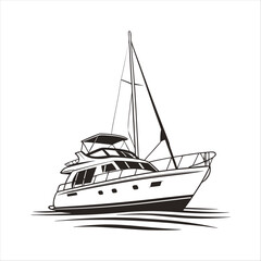 Silhouette of a vintage luxury Yacht, ship, fishing boat, black and white, white background, isolated on a vector illustration