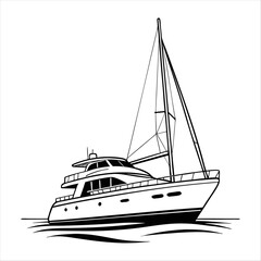 Silhouette of a vintage luxury Yacht, ship, fishing boat, black and white, white background, isolated on a vector illustration