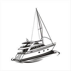 Silhouette of a vintage luxury Yacht, ship, fishing boat, black and white, white background, isolated on a vector illustration