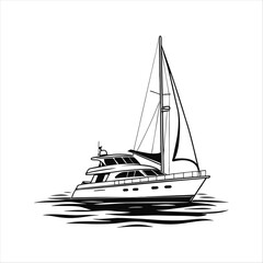 Silhouette of a vintage luxury Yacht, ship, fishing boat, black and white, white background, isolated on a vector illustration