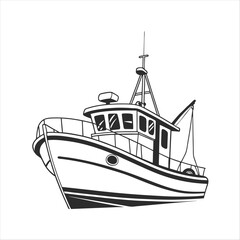Obraz premium Silhouette of a vintage luxury Yacht, ship, fishing boat, black and white, white background, isolated on a vector illustration