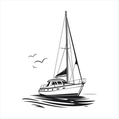 Silhouette of a vintage luxury Yacht, ship, fishing boat, black and white, white background, isolated on a vector illustration