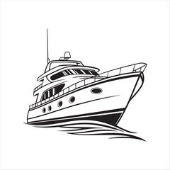 Obraz premium Silhouette of a vintage luxury Yacht, ship, fishing boat, black and white, white background, isolated on a vector illustration