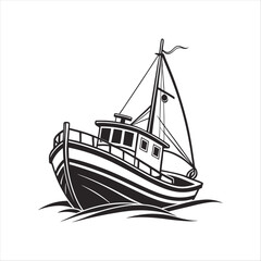 Silhouette of a vintage luxury Yacht, ship, fishing boat, black and white, white background, isolated on a vector illustration