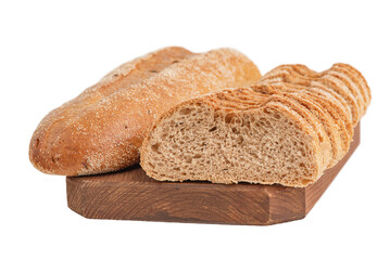 Buckwheat baguette sliced on a wooden board isolated on a white background.