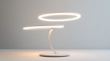A futuristic desk lamp featuring two glowing LED rings on a slim white stem