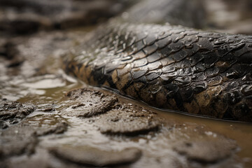 A close-up of an anacondas scales, wet from river water, as it moves along the muddy jungle floor with precision.