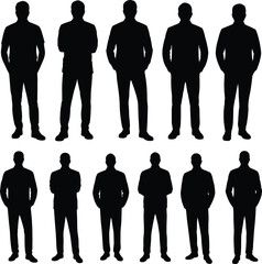 Minimalist Black Silhouette Set – Standing Men Corporate Poses Vector Illustration