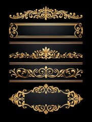 Elegant Gold Vintage Scroll Frames - Five ornate gold scroll frames on a black background, ideal for adding a touch of vintage elegance to your designs. Symbolizing luxury, tradition, sophistication