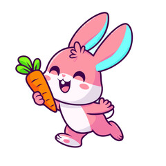 Cute Colorful Cartoon Bunny Holding Big Carrot in Pastel Colors with Happy Smile, Adorable Kawaii Animal, Digital Art Character, Fantasy Bunny Illustration for Kids and Nursery Clipart PNG
