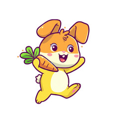 Cute Colorful Cartoon Bunny Holding Big Carrot in Pastel Colors with Happy Smile, Adorable Kawaii Animal, Digital Art Character, Fantasy Bunny Illustration for Kids and Nursery Clipart PNG
