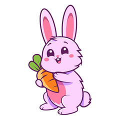 Cute Colorful Cartoon Bunny Holding Big Carrot in Pastel Colors with Happy Smile, Adorable Kawaii Animal, Digital Art Character, Fantasy Bunny Illustration for Kids and Nursery Clipart PNG