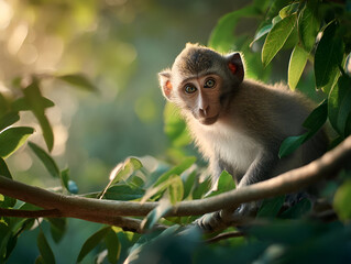 Obraz premium A curious monkey perched on a branch, peering into the camera with its expressive eyes, sunlight streaming through the leaves creating a soft glow.