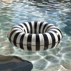 A sleek black and white striped pool float gracefully floating on a pool, reflecting light in the shimmering water below.