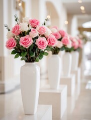 Obraz premium Elegant Pink and White Roses in Vases - Stunning pink and white roses arranged in elegant white vases, creating a sophisticated and romantic ambiance. Perfect for wedding, event, or home decor