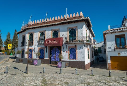 Granada, Spain - February 1, 2025:  Tablao Flamenco Albayzin House Exterior, Famous Spanish Dance Show Palace Near Mirador de San Nicolas, Historic Albaicin Neighborhood