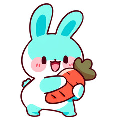 Obraz premium Cute Colorful Cartoon Bunny Holding Big Carrot in Pastel Colors with Happy Smile, Adorable Kawaii Animal, Digital Art Character, Fantasy Bunny Illustration for Kids and Nursery Clipart PNG 