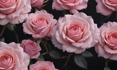 Delicate pink rose pattern against black, soft gradient fade, botanical, print