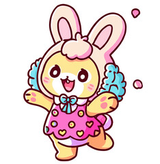 Cute Colorful Cartoon Bunny Holding Big Carrot in Pastel Colors with Happy Smile, Adorable Kawaii Animal, Digital Art Character, Fantasy Bunny Illustration for Kids and Nursery Clipart PNG
