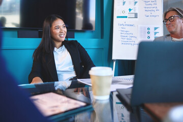 Business, woman and happy in meeting with staff for marketing planning, collaboration and review stats growth. Employee, discussion and conference room with equipment, coffee and development