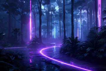 cyber forest, forest with neon bioluminescent plants in a cyberpunk style, ai-controlled ecosystem, and technology and nature in balance
