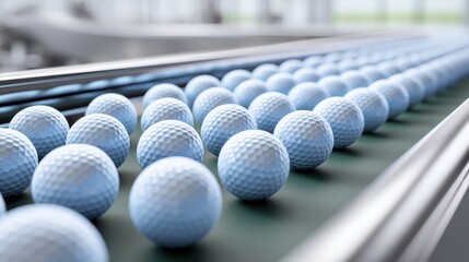 Many light blue golf balls on a conveyor belt, in a factory setting, ready for packaging.