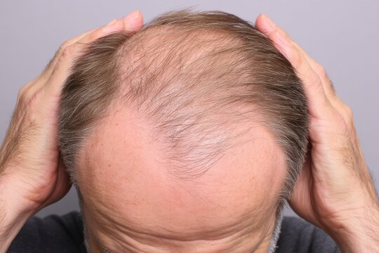 Close-up of a man's head showing thinning hair, he's touching his scalp with his hands, concerned about hair loss.