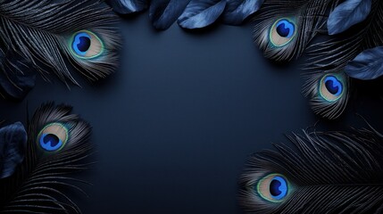 Peacock feathers and leaves border dark blue background