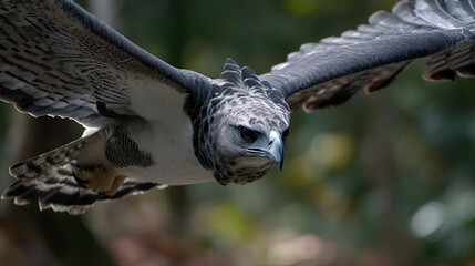 A Harpy Eagle swooping low over the jungle, its keen eyesight scanning the terrain for prey as the forest blurs beneath it.