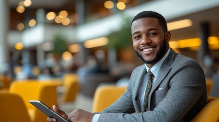Smiling businessman using tablet in lobby