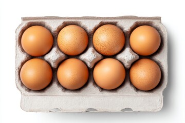 Fresh Eggs in Carton - Eight fresh brown eggs neatly arranged in a cardboard egg carton, isolated on a white background
