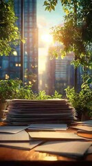 Obraz premium Sunny office view with papers and green plants on desk