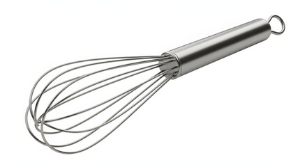 Obraz premium Stainless steel whisk with a looped handle, isolated on a white background