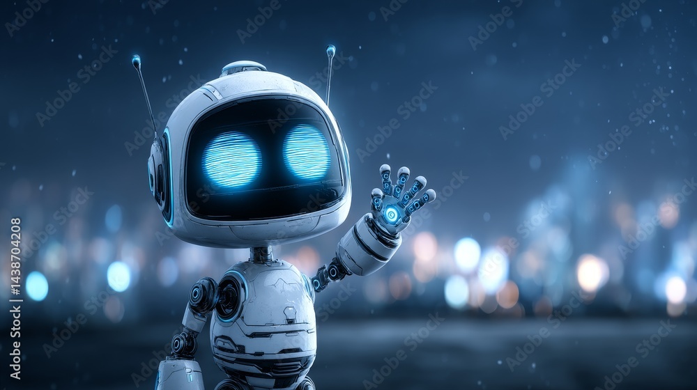Poster friendly robot waves hello in cityscape - a cute, futuristic robot with glowing eyes waves hello aga