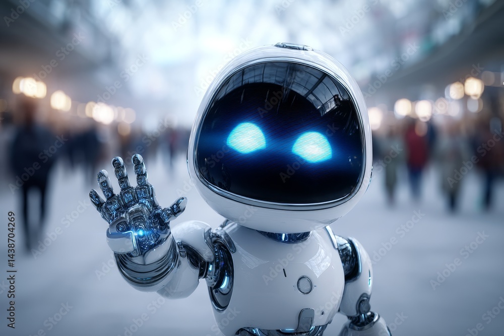 Poster friendly robot waving hello - a cute, friendly robot waves hello in a blurred city background. perfe