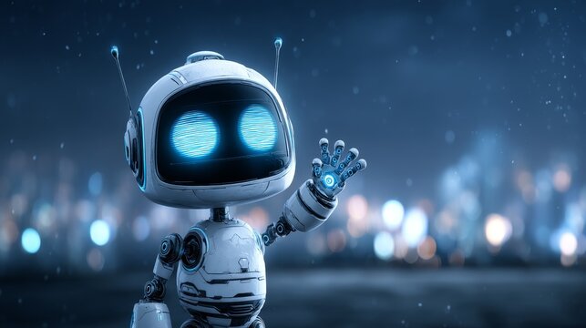 Friendly Robot Waves Hello in Cityscape - A cute, futuristic robot with glowing eyes waves hello against a blurred city night background. Symbolizing technology, friendship, future, innovation