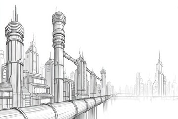 Fototapeta premium Futuristic Cityscape Sketch - A detailed pencil sketch of a futuristic city with tall buildings and a large pipeline running along a waterfront