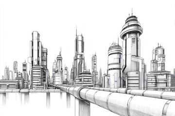 Fototapeta premium Futuristic Cityscape Sketch: Industrial Skyline - A hand-drawn sketch of a futuristic city, symbolizing technology, innovation, urban planning, progress