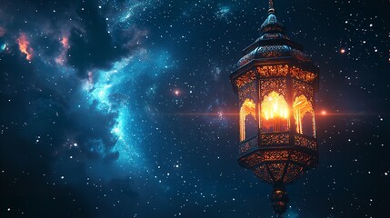 Glowing Ornate Ramadan Lantern Night Sky Festive Elegant Detailed Intricate Design Starry Background Magical Atmosphere Warm Light Festive Celebration