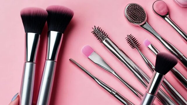 Arrangement and display of makeup brushes and tools on pink background