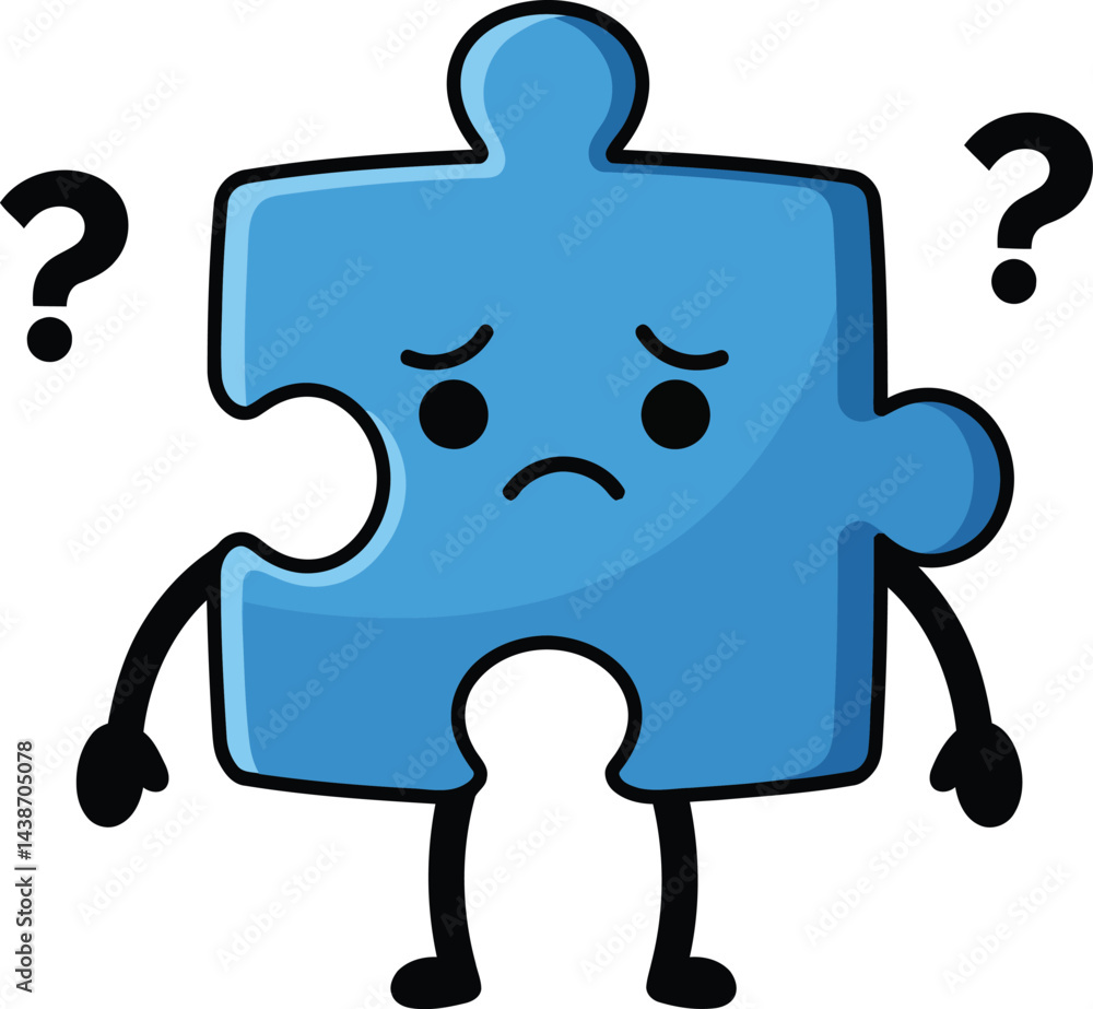 Poster confused blue puzzle piece character with question marks expressing uncertainty and doubt vector ill