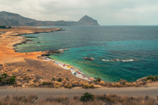 Panoramic view of Caletta del Bue Marino, San Vito Lo Capo,  Spiaggia di Isulidda, Trapani, Sicily, Italy. Dramatic clouds.