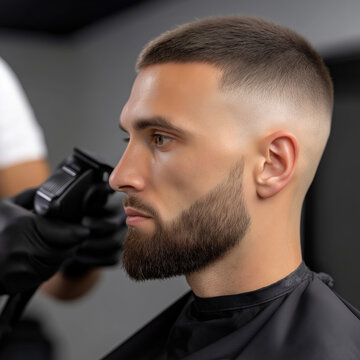 Grooming session for a man with a stylish fade haircut in a modern barbershop