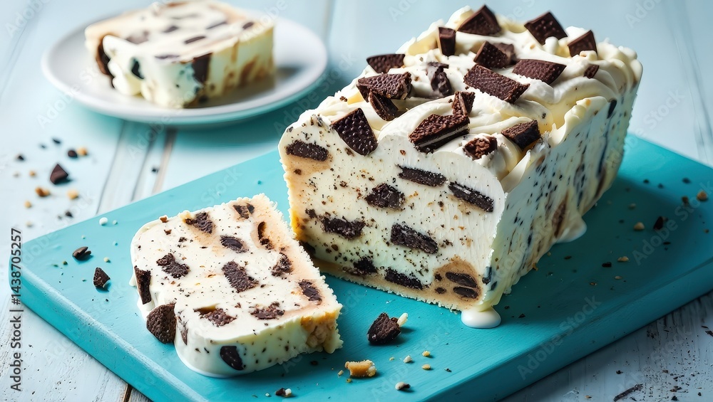 Aufkleber a rectangular block of ice cream cake with chocolate crumbles on top, sitting on a blue cutting boar