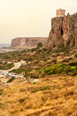 Panoramic view of Caletta del Bue Marino, San Vito Lo Capo,  Spiaggia di Isulidda, Trapani, Sicily, Italy. Dramatic clouds.