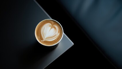 A cup of coffee with latte art on the surface, sitting on a table.