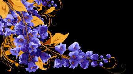 elegant corner design with bluebells and golden scrolls, vibrant CMYK color scheme, postcard template